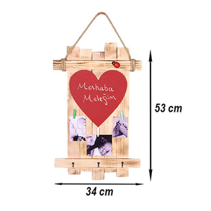  - Ahşap Asimetrik Mandallı Çerçeve - Kalp Kırmızı Tahtalı