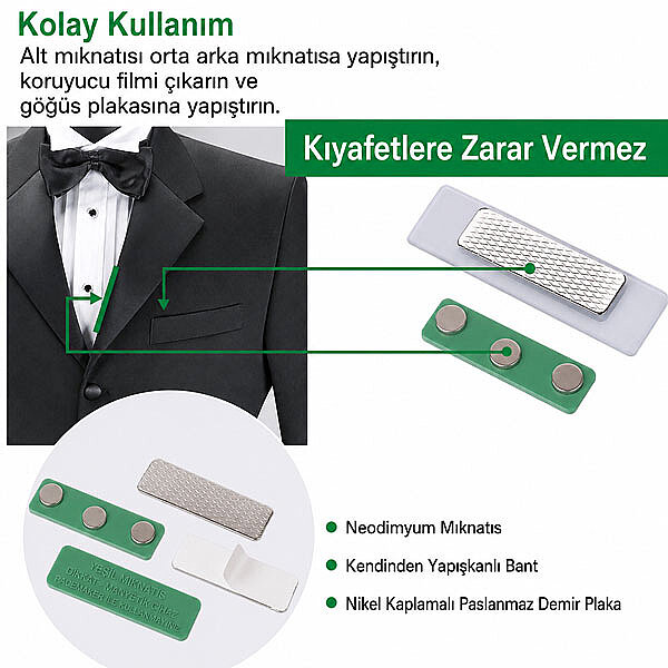 Arkası Yapışkanlı Üçlü Yeşil Yaka Mıknatısı - 3