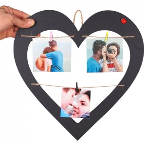  - İpli Mandallı Ahşap Siyah Kalp Çerçeve 35x36 cm