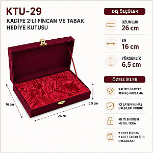 Kadife 2'li Türk Kahvesi Fincan Hediye Kutusu - Bordo - 3