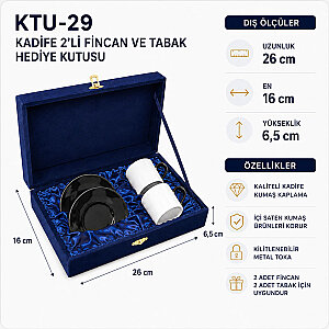 Kadife 2'li Türk Kahvesi Fincan Hediye Kutusu - Lacivert - 3