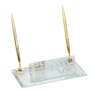 Kristal Masa İsimliği – Çift Kalemli ve Saatli - 3