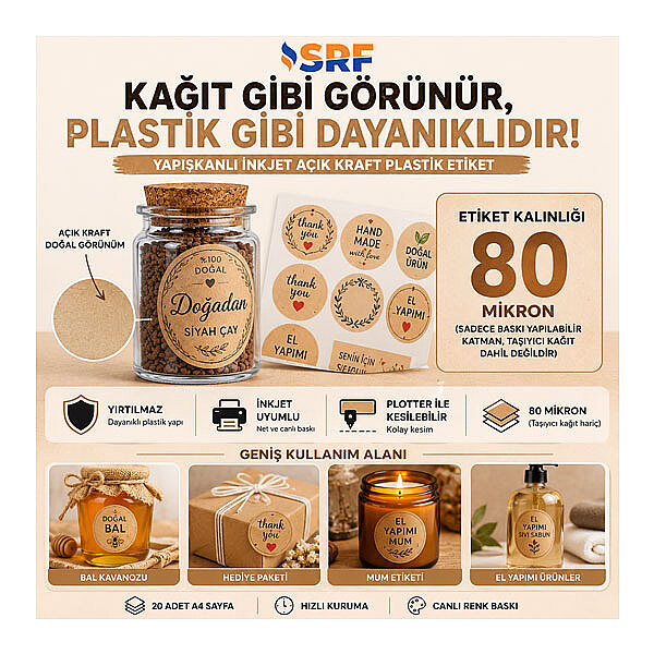 SRF Yapışkanlı İnkjet Açık Kraft Plastik Etiket (20 adet A4) - 3