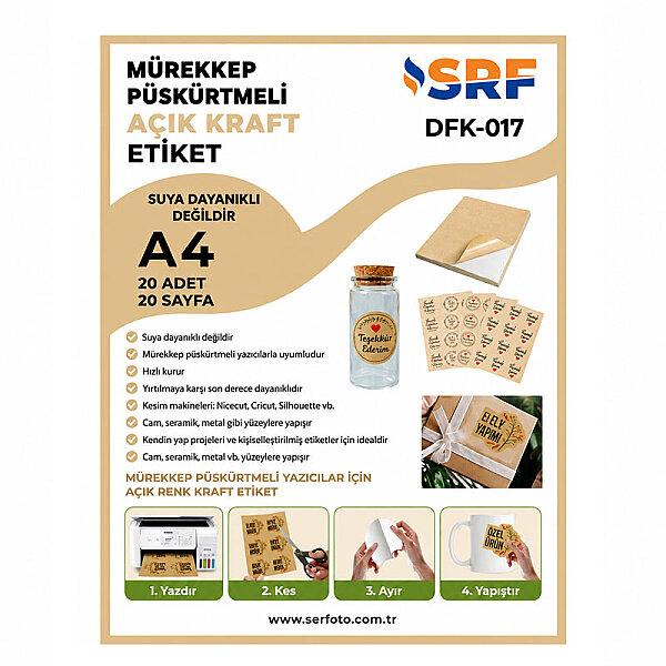 SRF Yapışkanlı İnkjet Açık Kraft Plastik Etiket (20 adet A4) - 1