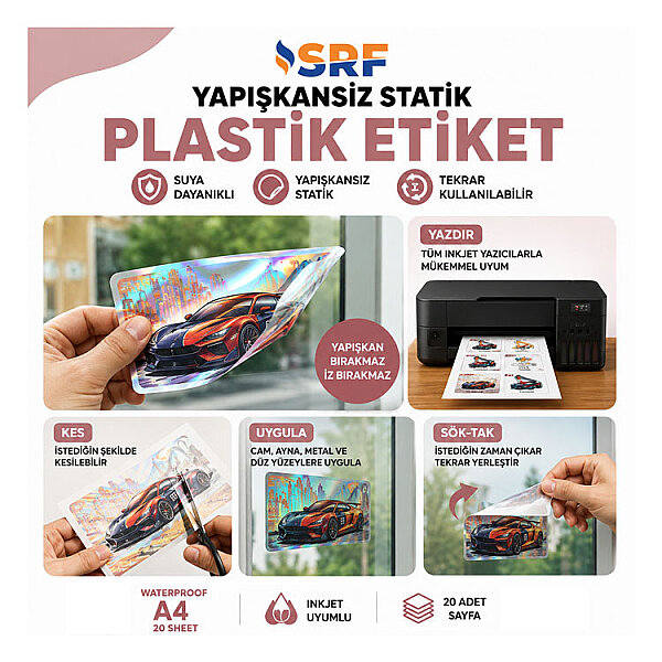 SRF Yapışkansız Statik Sök Tak Kalp Hologramlı Plastik Etiket (20 adet A4) - 2