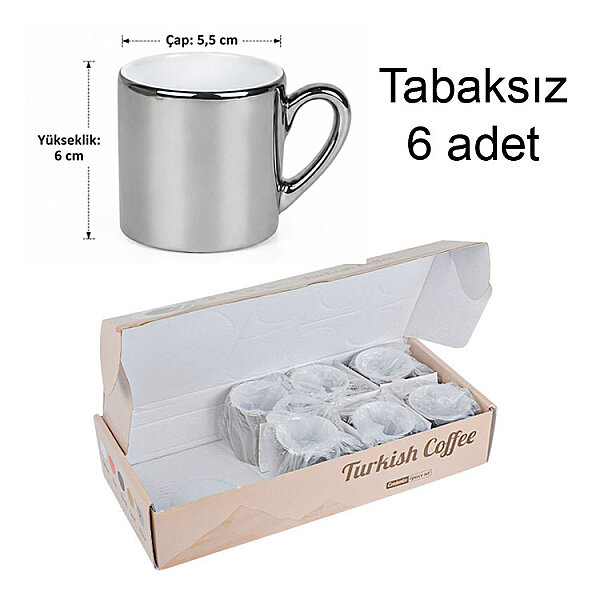 Sublimasyon Porselen Metalik Gümüş Kahve Fincanı 6'lı Set (Tabaksız) - 2