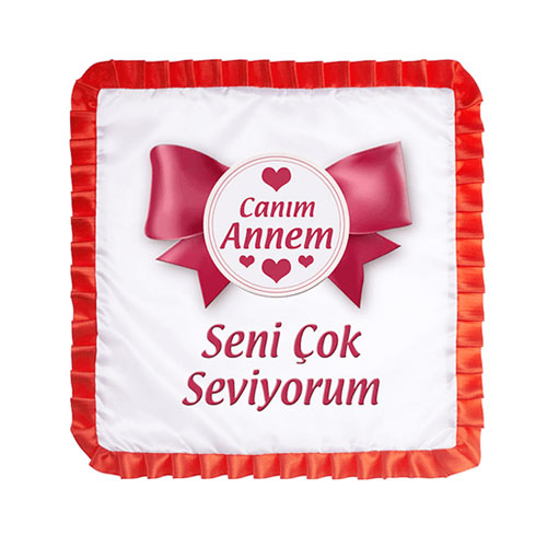 - Sublimasyon Saten Kare Yastık - Kırmızı Fırfırlı  - Sublimasyon Saten Kare Yastık - Kırmızı Fırfırlı